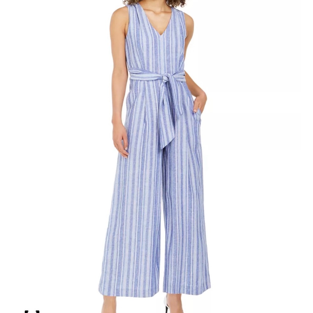 NWT Calvin Klein Linen Blend Jumpsuit Size 4 Striped Wide Leg Coastal‎ Resort